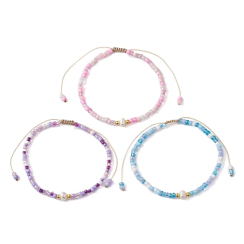 3Pcs 3 Color Natural Pearl & Glass Seed Braided Bead Bracelets Set, Nylon Adjustable Bracelets, Mixed Color, Inner Diameter: 1-7/8~3-1/4 inch(4.9~8.3cm), 1Pc/color