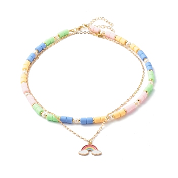 Polymer Clay Beaded Necklace Set, with Alloy Enamel Rainbow Pendant and Pearl, Brass Cable Chains & Beads, Colorful, 17.72 inch(45cm), 18.11 inch(46cm), 2pcs/set