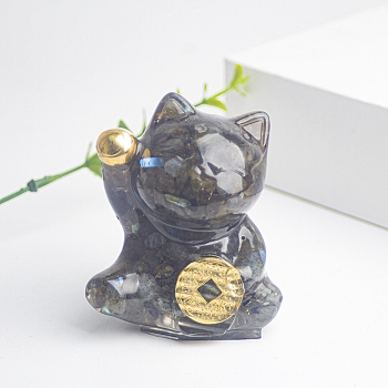 Resin Fortune Cat Display Decoration, with Natural Labradorite Chips inside Statues for Home Office Decorations, 55x40x60mm