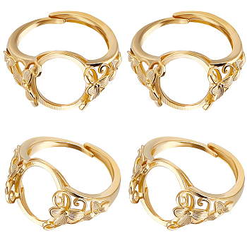 4Pcs Adjustable Brass Ring Components, Pad Ring Settings, Flower with Oval Tray, Real 24K Gold Plated, US Size 12 1/4(21.5mm), Tray: 17.5x13mm