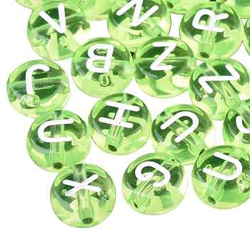 Transparent Acrylic Beads, Flat Round with White Mixed Letters, Lawn Green, 7x4mm, Hole: 1.5mm, about 1480pcs/200g