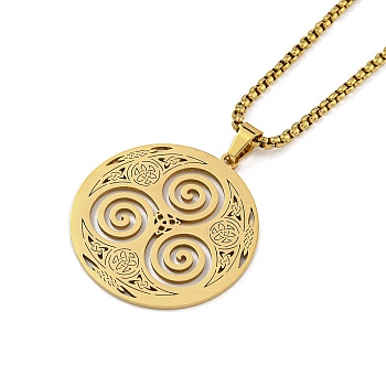 201 Stainless Steel Pendant Necklaces for Man, Flat Round with Spiral, Real 18K Gold Plated, 23.35 inch(59.3cm), Flat Round: 38x34.5x1.3mm
