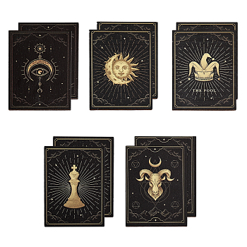 10Pcs 5 Styles Wood Tarot Cards, Divination Theme Rectangle Wood Sheets, Display Decoration, for Home Decoration, The Fool/Sun/Eye/Aries/Chess Pattern, Black, 79.5x59.5x4mm, 2pcs/style