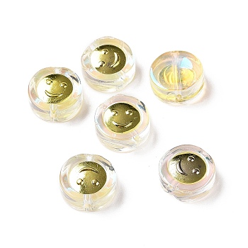 Transparent Spray Painted Glass Beads, with Golden Brass Findings, Flat Round with Smile, Clear, 11.5x4mm, Hole: 1.2mm