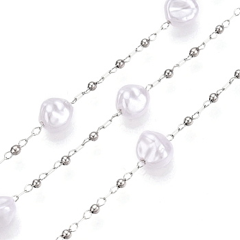 Handmade ABS Plastic Imitation Pearl Beads Chains, for Necklaces Bracelets Making, with 304 Stainless Steel Link Chains, Soldered, with Spool, Stainless Steel Color, 7x7x5mm, bead: 2mm in diameter, links: 2x1.5x0.2mm & 2.5x1x0.2mm, interval: 35mm, about 10m/roll