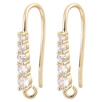 Brass Micro Pave Clear Cubic Zirconia Earring Hooks, Ear Wire, with Horizontal Loops, Real 18K Gold Plated, 17x9x2.5mm, Hole: 1.8mm, 20 Gauge, Pin: 0.8mm