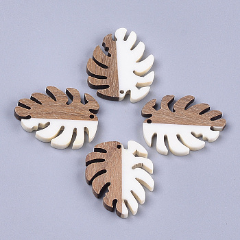 Resin & Walnut Wood Pendants, Tropical Leaf Charms, Monstera Leaf, Creamy White, 37.5x30x3~3.5mm, Hole: 2mm