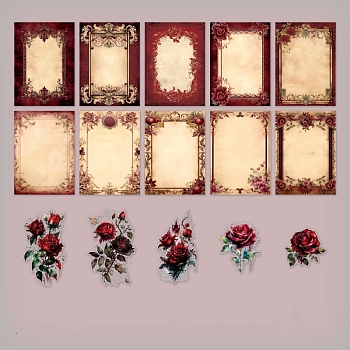 Flower Scrapbook Paper Pads & PET Stickers Set, for DIY Album Scrapbook, Background Paper, Diary Decoration, Dark Red, 140x100mm, 30pcs/set