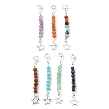 Gemstone Beaded Pendant Decoration, with Zinc Alloy Lobster Claw Clasps and Alloy Star Charms, 63mm, 7pcs/set
