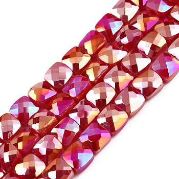 Electroplate Opaque Solid Color Glass Beads Strands, AB Color Plated, Faceted, Square, Red, 6x6x4.5mm, Hole: 1.2mm, about 95~98Pcs/strand, 24.41 inch(62cm)