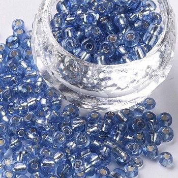 6/0 Glass Seed Beads, Silver Lined Round Hole, Round, Royal Blue, 4mm, Hole: 1.5mm, about 1000pcs/100g