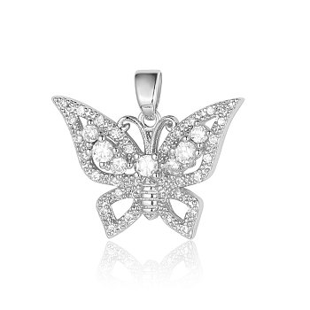 Brass Micro Pave Cubic Zirconia Pendants, Butterfly Charms, Platinum, 23x16x3.8mm
