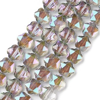 Transparent Electroplate Glass Beads Strands, Half Rainbow Plated, Faceted Flower, Sandy Brown, 14x14x7.5mm, Hole: 1mm, about 50pcs/strand, 26.38''(67cm)