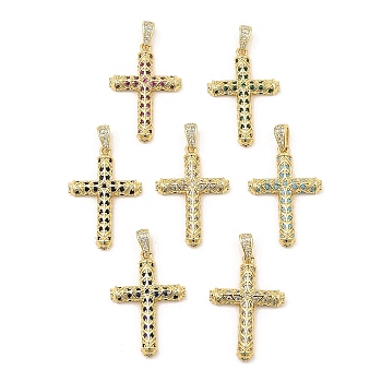Brass Micro Pave Cubic Zirconia Pendants, Real 16K Gold Plated, Cross, Mixed Color, 31.5x21.5x4mm, Hole: 5x2.5mm