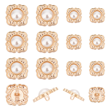 2 Style 1-Hole Alloy Shank Buttons, with Plastic Imitation Pearl, Rhombus, Seashell Color, 18~25x18~25x10.5~12mm, Hole: 2.5mm, 24pcs/box