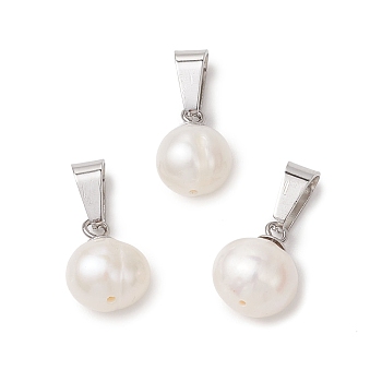 Natural Cultured Freshwater Pearl Potato Charms, with Stainless Steel Snap on Bails, Seashell Color, Stainless Steel Color, 12.5x9~10x8~9mm, Hole: 7x3.5mm