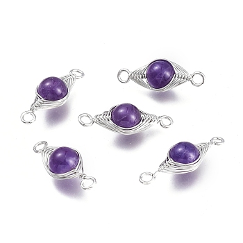 Natural Amethyst Links Connectors, Wire Wrapped Links, with Platinum Tone Brass Wires, Round, Undyed, 34x11x10mm, Hole: 2.5mm