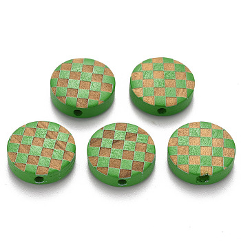 Painted Natural Wood Beads, Laser Engraved Pattern, Flat Round with Grid Pattern, Medium Sea Green, 15x5mm, Hole: 1.8mm