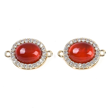 Natural Carnelian(Dyed & Heated) Oval Connector Charms, Brass Micro Pave Clear Cubic Zirconia Oval Links, Real 18K Gold Plated, 18x12x7.5mm, Hole: 1.2mm