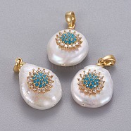 Natural Cultured Freshwater Pearl Pendants, with Brass Micro Pave Cubic Zirconia Findings, Nuggets with Flower, Long-Lasting Plated, Golden, Deep Sky Blue, 17~27x12~16x6~12mm, Hole: 4x2.5mm(KK-L187-02B)