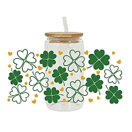 Saint Patrick's Day Theme PET Clear Film Clover Rub on Transfer Stickers for Glass Cups, Waterproof Cup Wrap Transfer Decals for Cup Crafts, Green, 110x230mm(PW-WG36251-04)