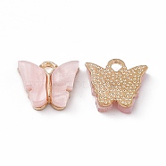 Acrylic Charms, with Light Gold Tone Alloy Finding, Butterfly Charm, Pink, 13x14x3mm, Hole: 2mm(MACR-C012-01KCG-10)