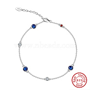 Rhodium Plated 925 Sterling Silver Pave Clear & Blue & Red Cubic Zirconia Cable Chain Bracelets, Flat Round Link Bracelets for Women, Real Platinum Plated, 6-1/2 inch(16.6cm)(BJEW-K250-02P)