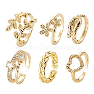 6Pcs 6 Styles Adjustable Brass Micro Pave Clear Cubic Zirconia Cuff Rings, Open Rings, Long-Lasting Plated, Flower & Leafy Branches & Snake & Weave, Real 18K Gold Plated, Inner Diameter: 16~19mm, 1pc/style(RJEW-LS0001-20G)