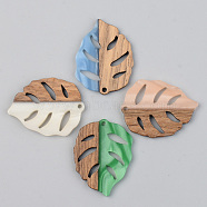 Opaque Resin & Walnut Wood Pendants, Leaf, Mixed Color, 37x28x3mm, Hole: 2mm(RESI-S389-003A-C)
