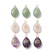 9Pcs 9 Styles Natural Green Aventurine & Rose Quartz & Amethyst Pendants, Teardrop Charms with Golden Plated Metal Moon & Sun & Star, 23~23.5x13x6.5~7mm, Hole: 2.4~2.8mm, 1pc/style(PALLOY-JF02576)