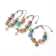 304 Stainless Steel European Bracelets, with Alloy European Beads and Glass Beads, Heart, Colorful, Antique Silver, 8-1/8 inch(20.5cm)(BJEW-JB06214)