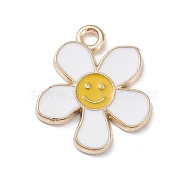 Alloy Enamel Pendants, Light Gold, Flower with Smiling Face Charm, White, 21.5x18x1.5mm, Hole: 2mm(ENAM-C012-01A)