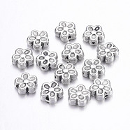 Tibetan Style Alloy Beads, Lead Free & Nickel Free & Cadmium Free, Flower, Great for Mother's Day Gifts making, Antique Silver, about 7mm in diameter, 3.5mm thick, hole: 1mm(X-LF0476Y-NF)