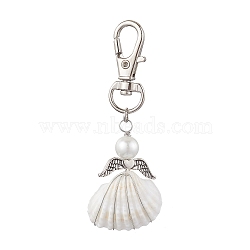 Angel Alloy & Wire Wrapped Natural Shell Pendant Decorations, Swivel Clasps Charms for Bag Ornaments, Antique Silver & Platinum, 70.5mm(HJEW-JM02017-02)