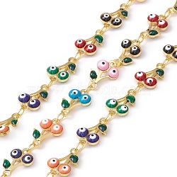 Handmade Eco-friendly Brass Enamel Cherry with Evil Eye Link Chain, Real 18K Gold Plated, Lead Free & Cadmium Free, Soldered, with Spool, Colorful, 11.5x7.5x3mm(CHC-E025-26G)