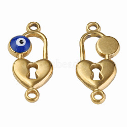 304 Stainless Steel Enamel Connector Charms, Golden, Heart-Shaped Lock with Evil Eye, Dark Blue, 23x11x3mm, Hole: 1.5mm(STAS-N087-65-03G)