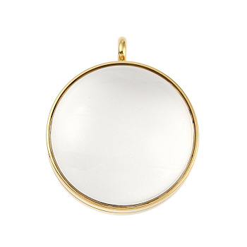 Ion Plating(IP) 304 Stainless Stee Locket Pendants, with Glass, Flat Round Charm, Real 18K Gold Plated, 41x34x17mm, Hole: 5mm