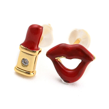 Clear Cubic Zirconia Lip & Lipstick Stud Asymmetrical Earrings, Rack Plating Brass FireBrick Enamel Jewelry for Women, Long-Lasting Plated, Golden, Lip: 6x8mm, Lipstick: 8.5x3.5mm
