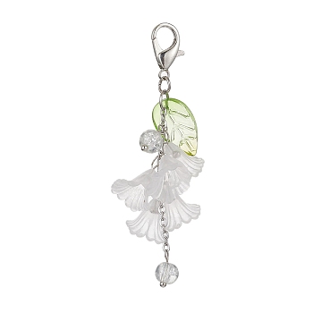 Acrylic Flower Pendant Decoration, with Glass Beads and Zinc Alloy Lobster Claw Clasps, WhiteSmoke, 70mm