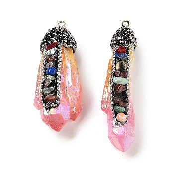 Electroplated Raw Rough Natural Quartz Crystal Big Pendants, Spray Painted Chakra Nuggets Charms with Iron Rhinestone Findings, Pink, 48~66.5x18~19x12~16mm, Hole: 2mm