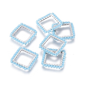 MIYUKI & TOHO Handmade Japanese Seed Beads, with 304 Stainless Steel Link Rings, Loom Pattern, Square, Silver, Light Sky Blue, 15x15x1.8~2mm