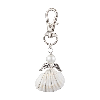 Angel Alloy & Wire Wrapped Natural Shell Pendant Decorations, Swivel Clasps Charms for Bag Ornaments, Antique Silver & Platinum, 70.5mm