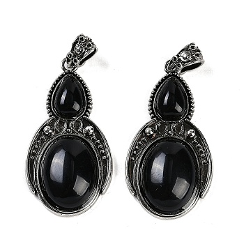 Natural Obsidian Pendants, Gourd Charms with Antique Silver Tone Alloy Findings, Cadmium Free & Lead Free, 44.5x23x7.5mm, Hole: 4x6mm