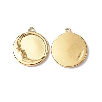 Ion Plating(IP) 304 Stainless Steel Pendants, Flat Round with Moon Charm, Real 18K Gold Plated, 20.5x18x2.5mm, Hole: 1.6mm