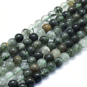 Natural Green Rutilated Quartz Beads Strands, Round, 6mm, Hole: 1mm, about 63~70pcs/Strand, 15.35 inch(39cm)