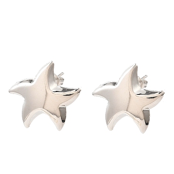 Star Brass Stud Earrings, Long-Lasting Plated, Lead Free & Cadmium Free, Platinum, 21x23mm, Pin: 12x0.8mm
