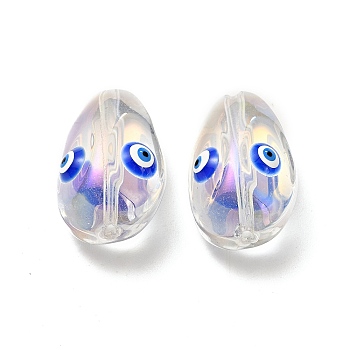 Transparent Glass Beads, with Enamel, Teardop with Evil Eye Pattern, Blue, 20.5x13x10mm, Hole: 1.2mm