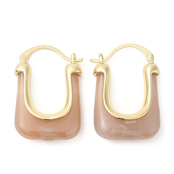 Real 16K Gold Plated Brass Hoop Earrings, Resin Imitation Gemstone Earrings for Women, Rosy Brown, 34x23x9mm