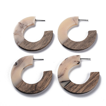 Opaque Resin & Walnut Wood Stud Earrings, with 304 Stainless Steel Pin, Donut, Moccasin, 38.5x38.5mm, Pin: 0.8mm