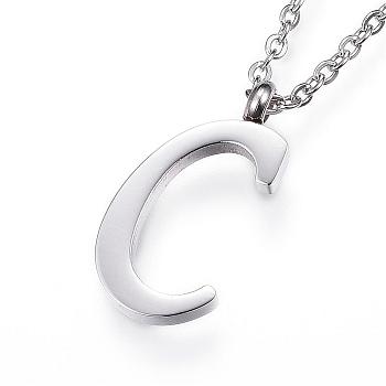 304 Stainless Steel Initial Pendant Necklaces, Letter C, with Cable Chains and Lobster Clasp, Stainless Steel Color, 18.11 inch(46cm)